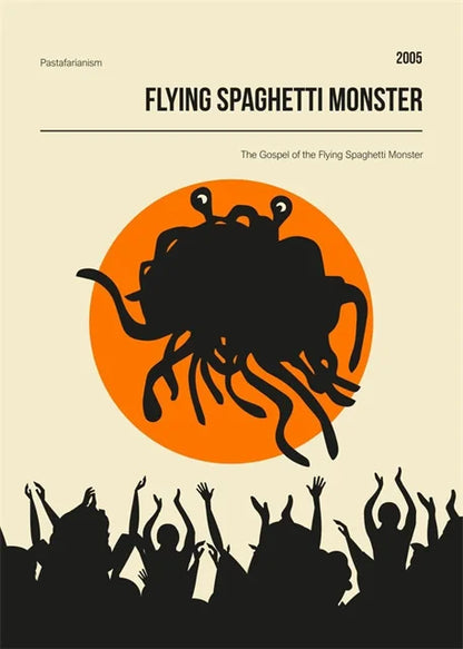 Cover of 'The Gospel of the Flying Spaghetti Monster' with a silhouette of a creature and a crowd on a beige background.