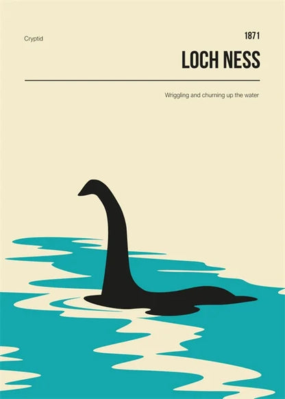 Illustration of Loch Ness monster in water with text on a beige background