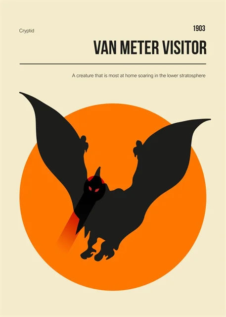 Illustration of a creature with bat-like wings and a red eye on an orange circle background, labeled 'Van Meter Visitor'.