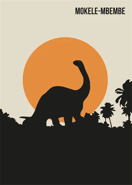Silhouette of a dinosaur with an orange sun and palm trees in the background, featuring the word 'Mokele-Mbembe'.