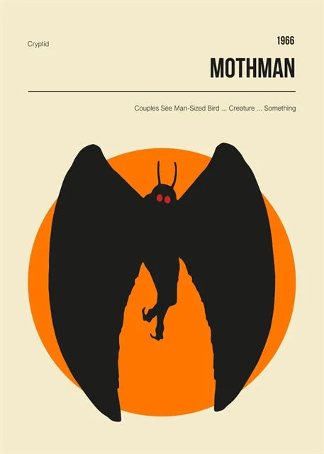 Illustration of Mothman with an orange circle and text on a beige background