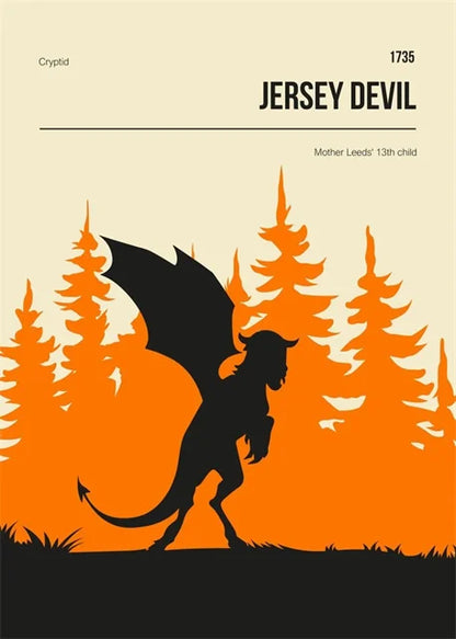 Silhouette of a Jersey Devil against an orange forest background with text.