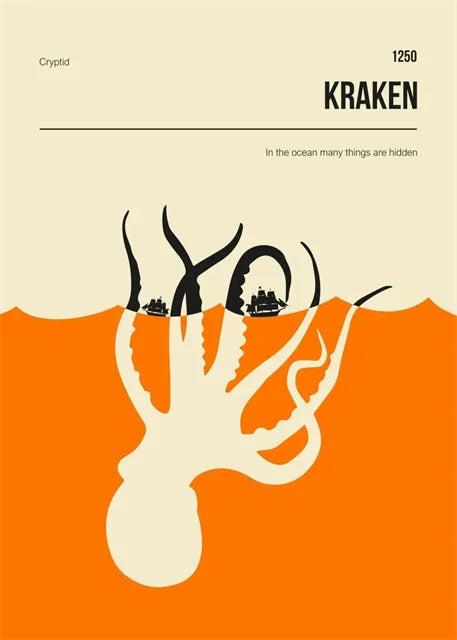 Illustration of a kraken emerging from the ocean with text above and below.