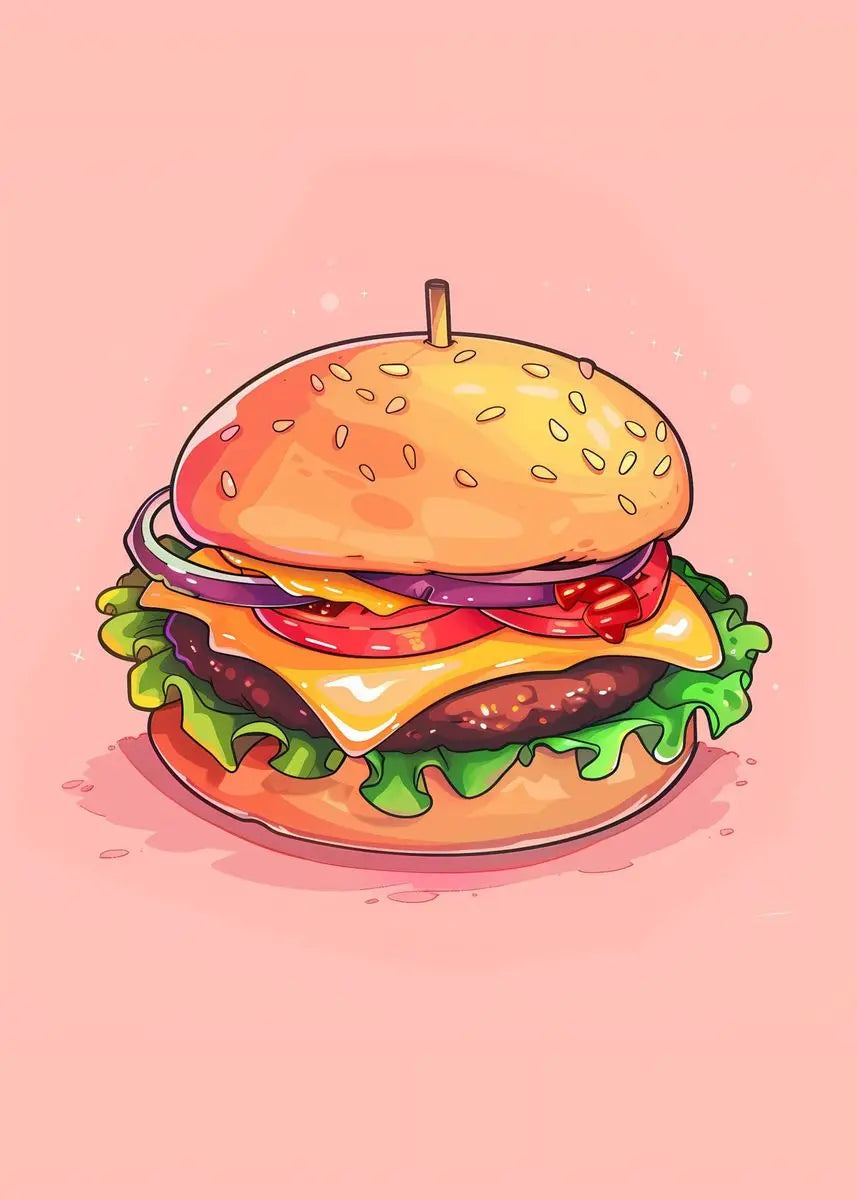 Illustration of a colorful burger on a pink background