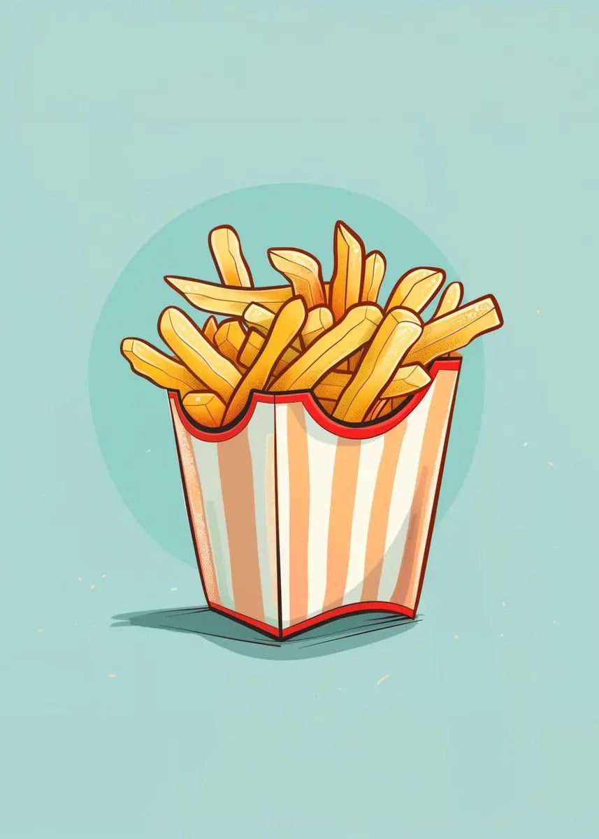 Cartoon illustration of a striped bucket filled with French fries on a light blue background