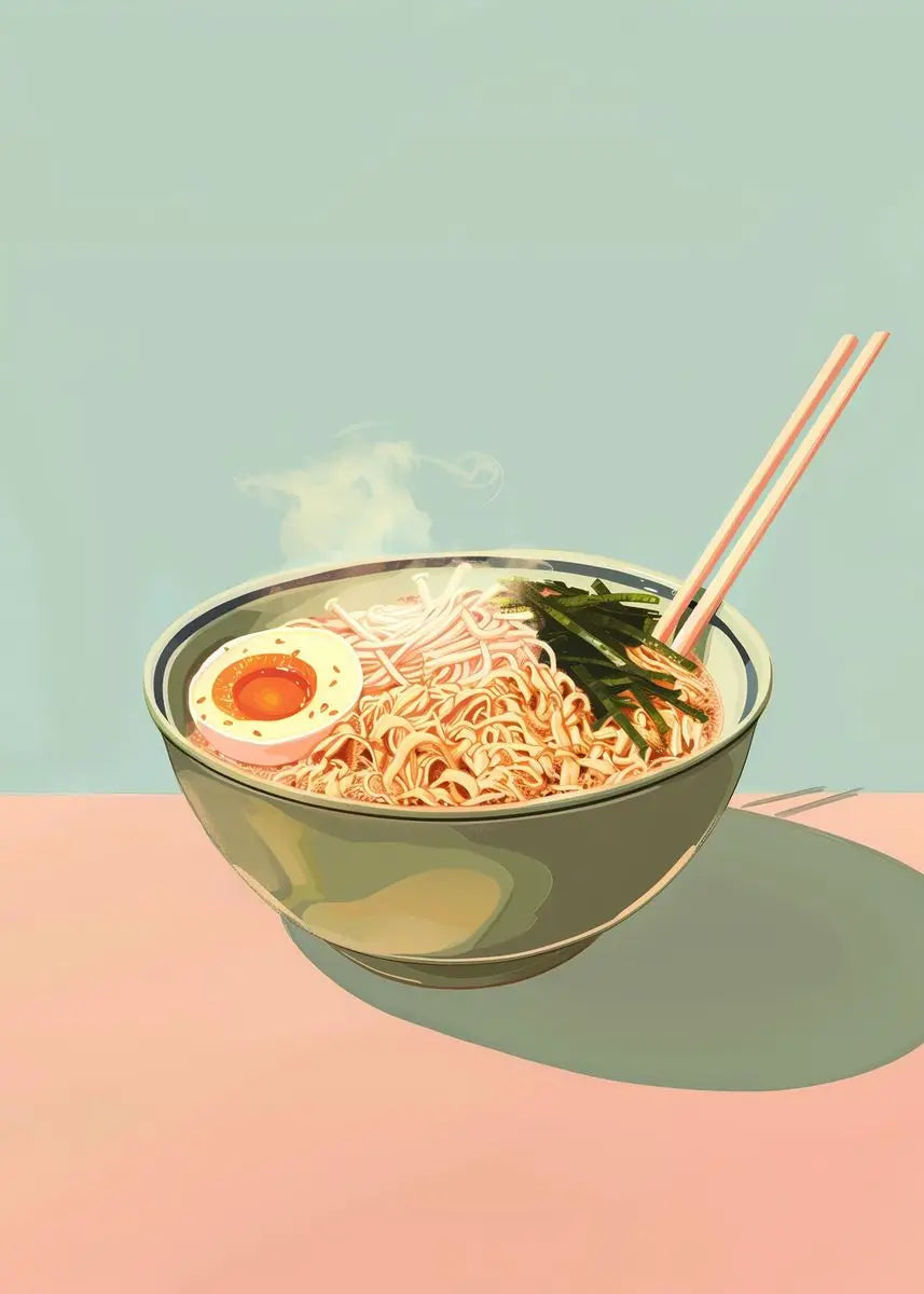 Bowl of ramen with chopsticks on a pastel background