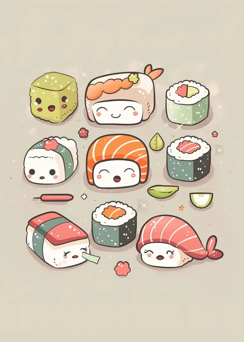 Illustration of cute sushi characters on a beige background