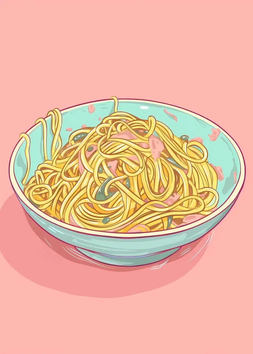 Illustration of a bowl of spaghetti on a pink background