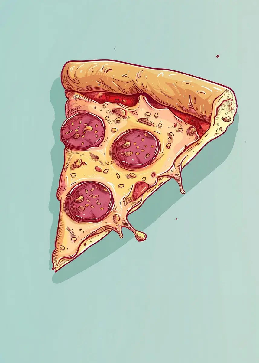 Illustration of a slice of pepperoni pizza on a light blue background