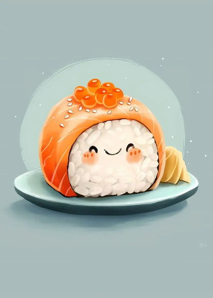 Illustration of a cute sushi roll with a smiling face under a glass dome on a light blue background.