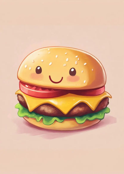 Cartoon hamburger with a smiling face on a pink background