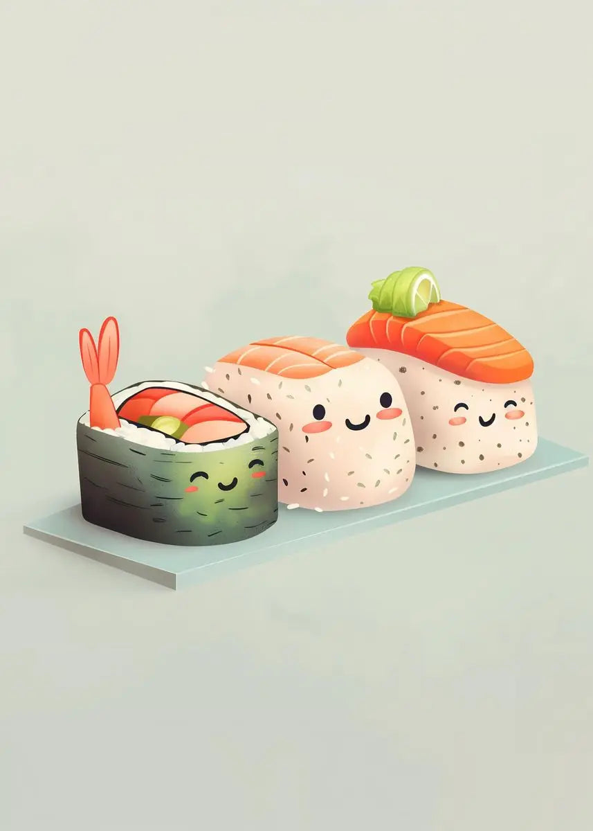 Illustration of cartoon sushi characters on a light gray background