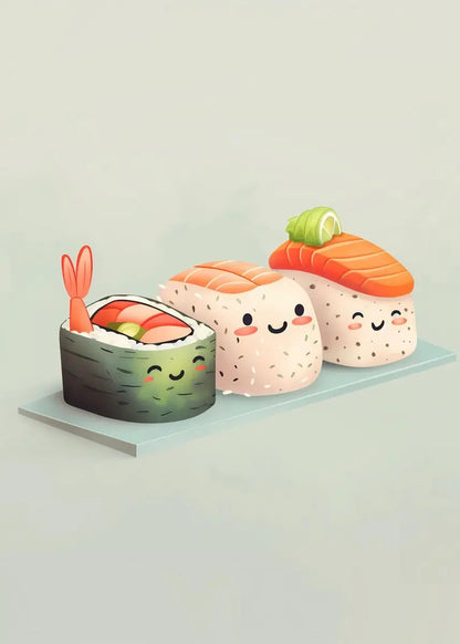 Illustration of cartoon sushi characters on a light gray background