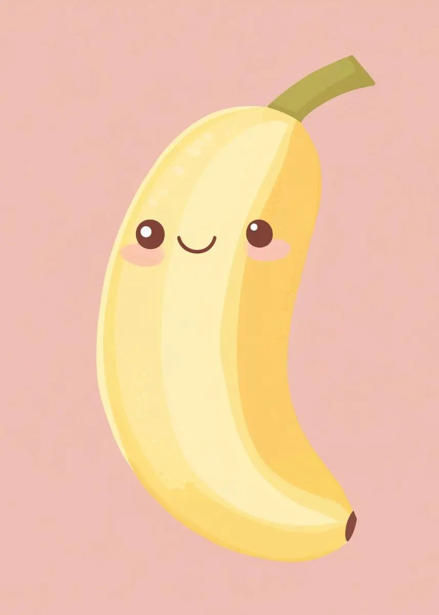 Cute cartoon banana with a smiling face on a pink background