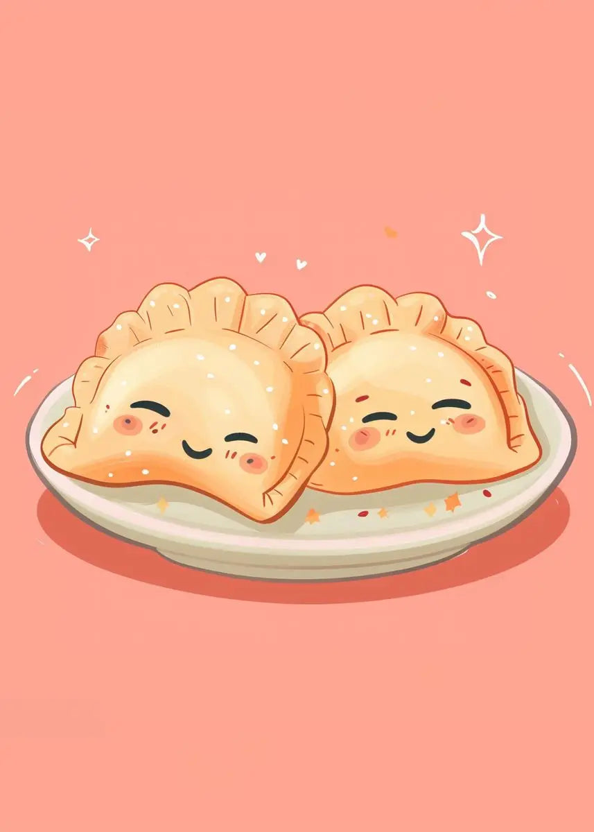 Two cartoon-style dumplings on a plate with a pink background