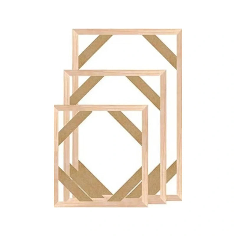 Set of three geometric wooden frames on a white background