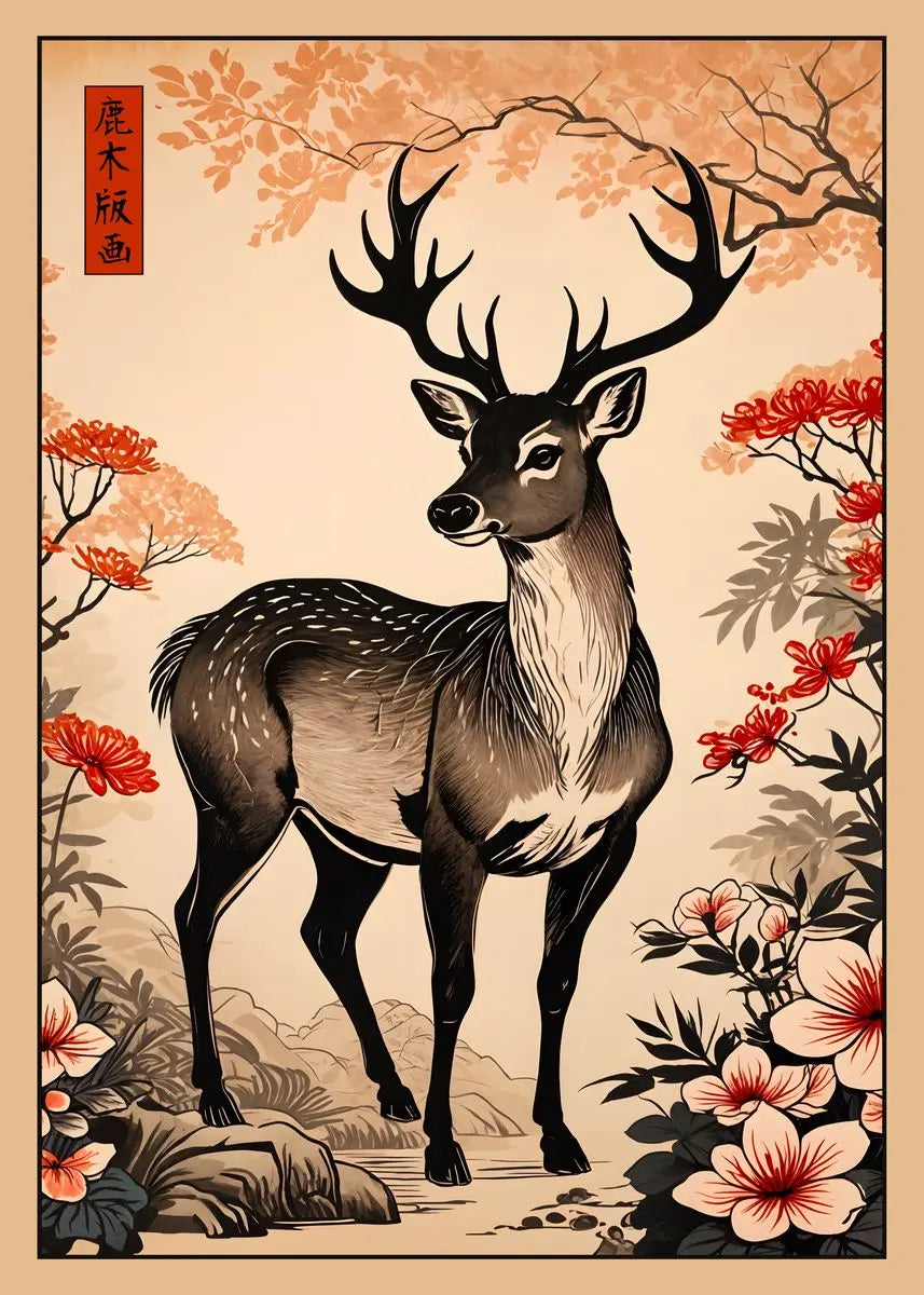 Traditional-style illustration of a deer with floral elements on a beige background
