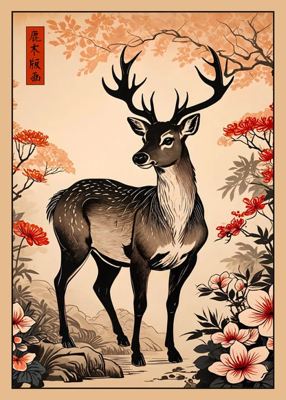 Traditional-style illustration of a deer with floral elements on a beige background