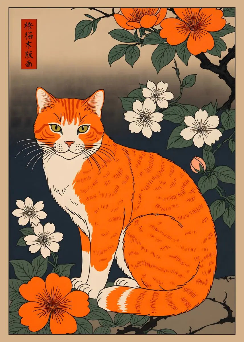 Illustration of an orange cat with flowers and leaves in a traditional style