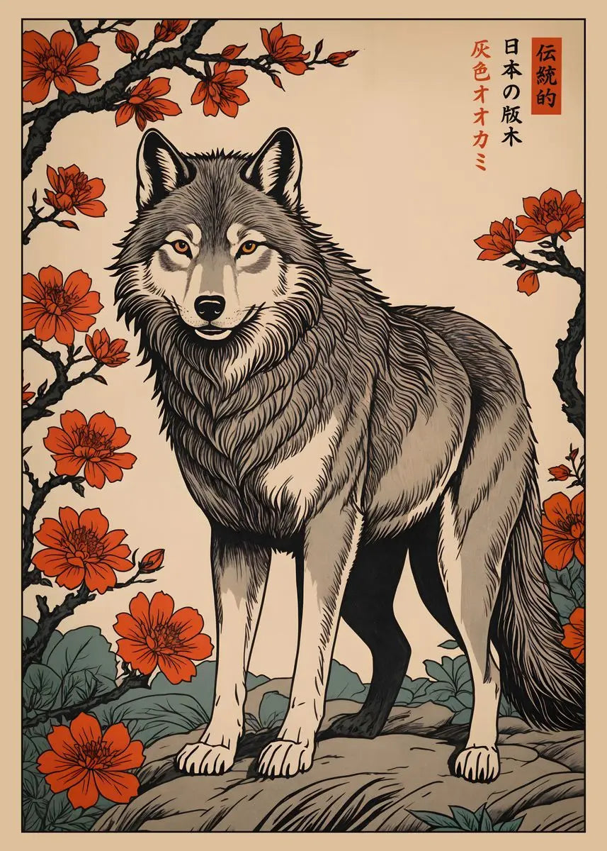 Wolf illustration with red flowers on a beige background