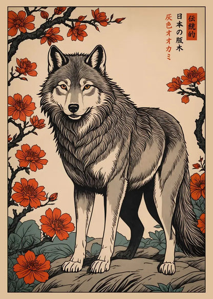 Wolf illustration with red flowers on a beige background