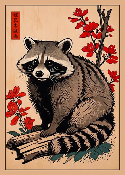 Raccoon illustration with red flowers on a beige background