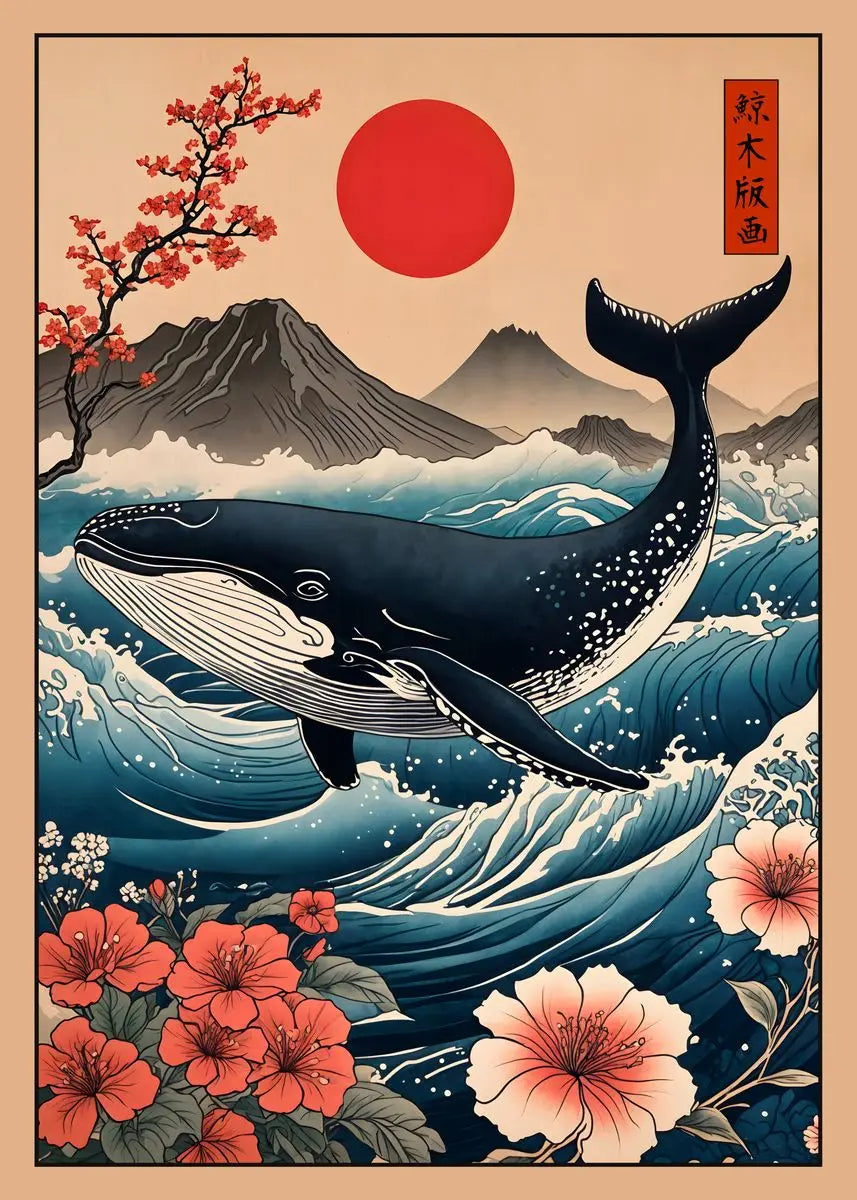Traditional Japanese-style artwork with a whale, cherry blossoms, and flowers.