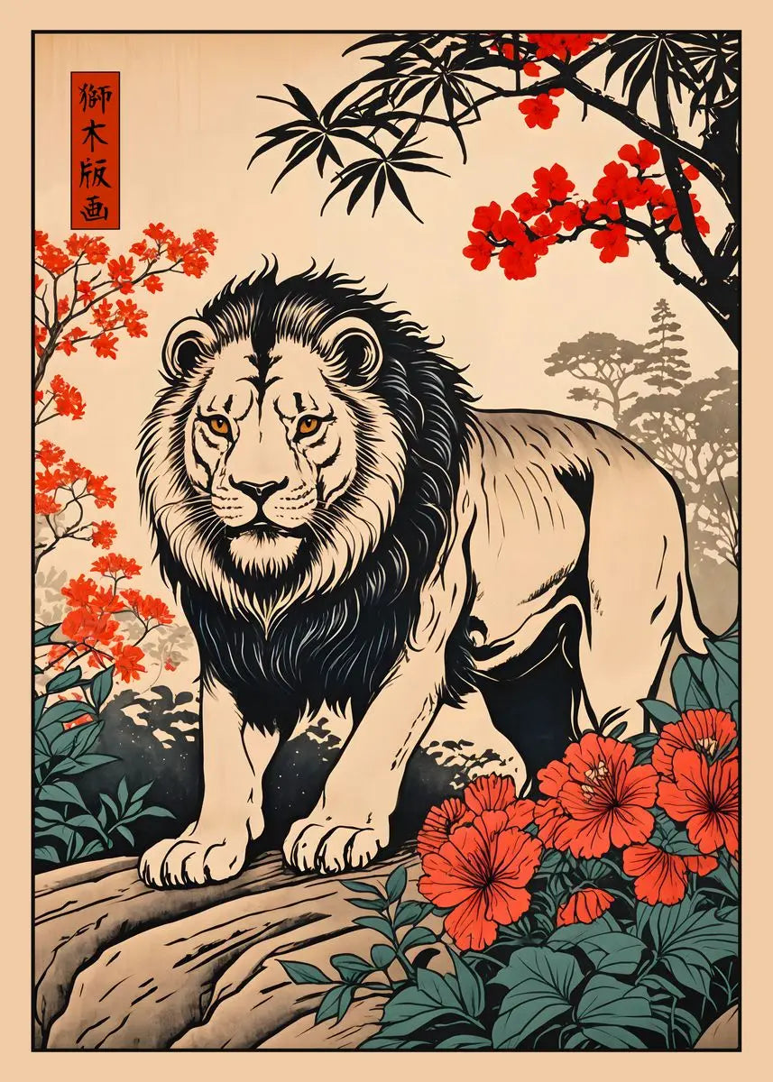 Stylized lion with red flowers and green foliage on a beige background