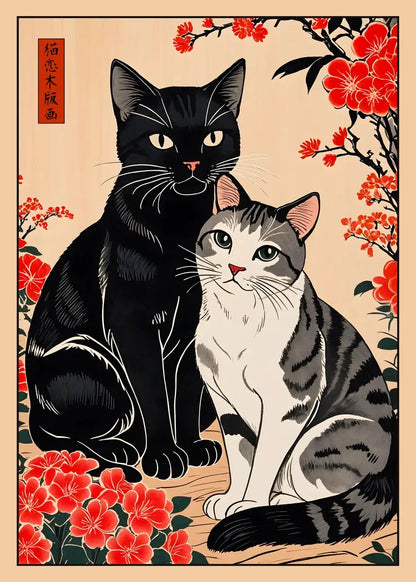 Two cats sitting together with red flowers in the background