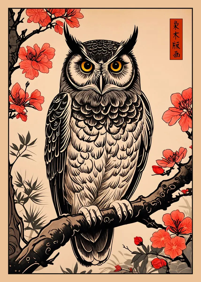 Owl on a branch with red flowers and traditional Japanese design elements.