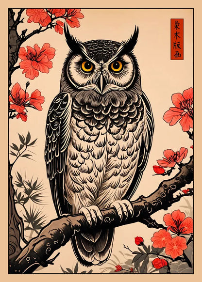 Owl on a branch with red flowers and traditional Japanese design elements.