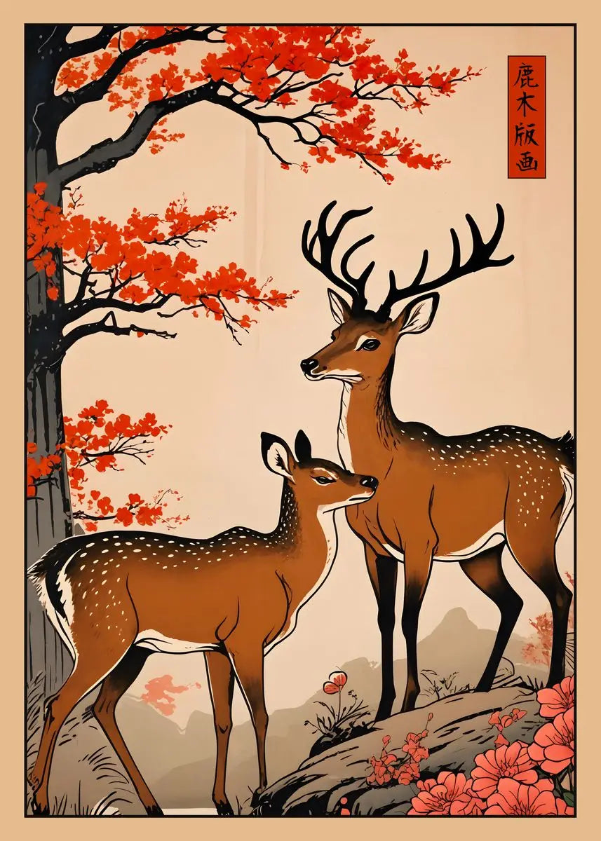 Two deer standing on a rock with autumn foliage and cherry blossoms in the background.