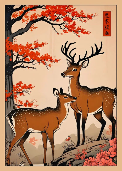 Two deer standing on a rock with autumn foliage and cherry blossoms in the background.