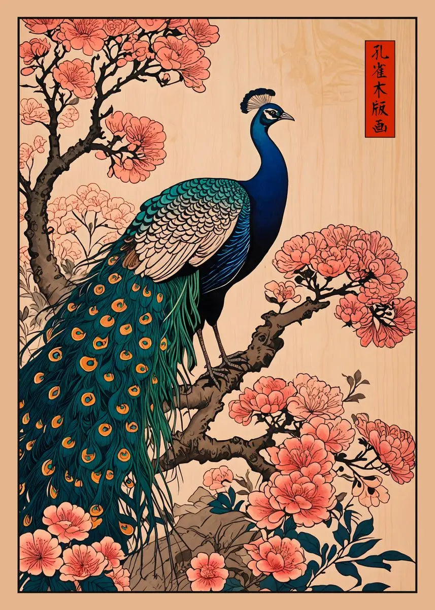 Peacock and cherry blossoms in a traditional style on a beige background