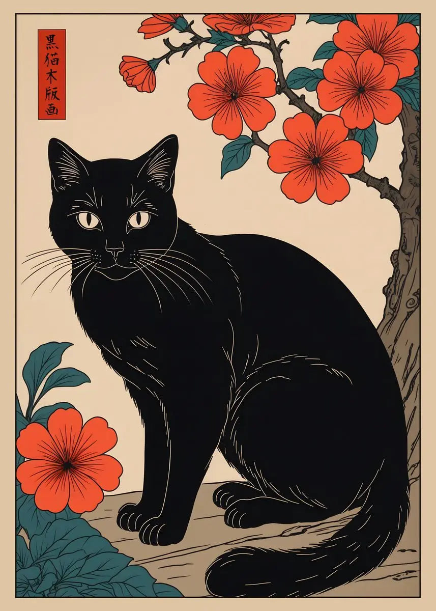 Traditional-style illustration of a black cat with red flowers and green leaves on a beige background