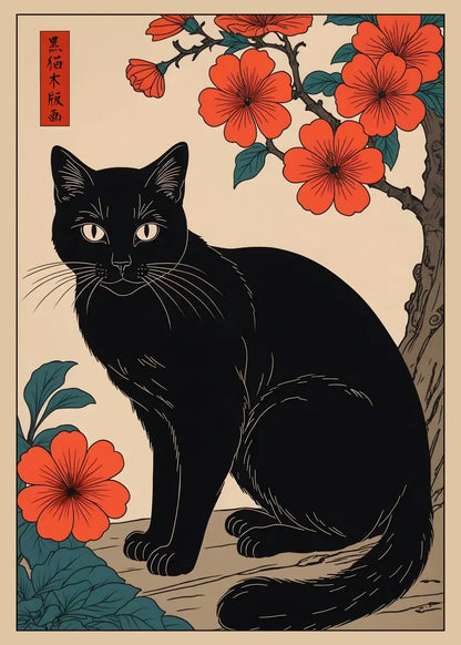 Traditional-style illustration of a black cat with red flowers and green leaves on a beige background