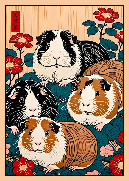 Illustration of four guinea pigs on a decorative background with flowers and leaves.