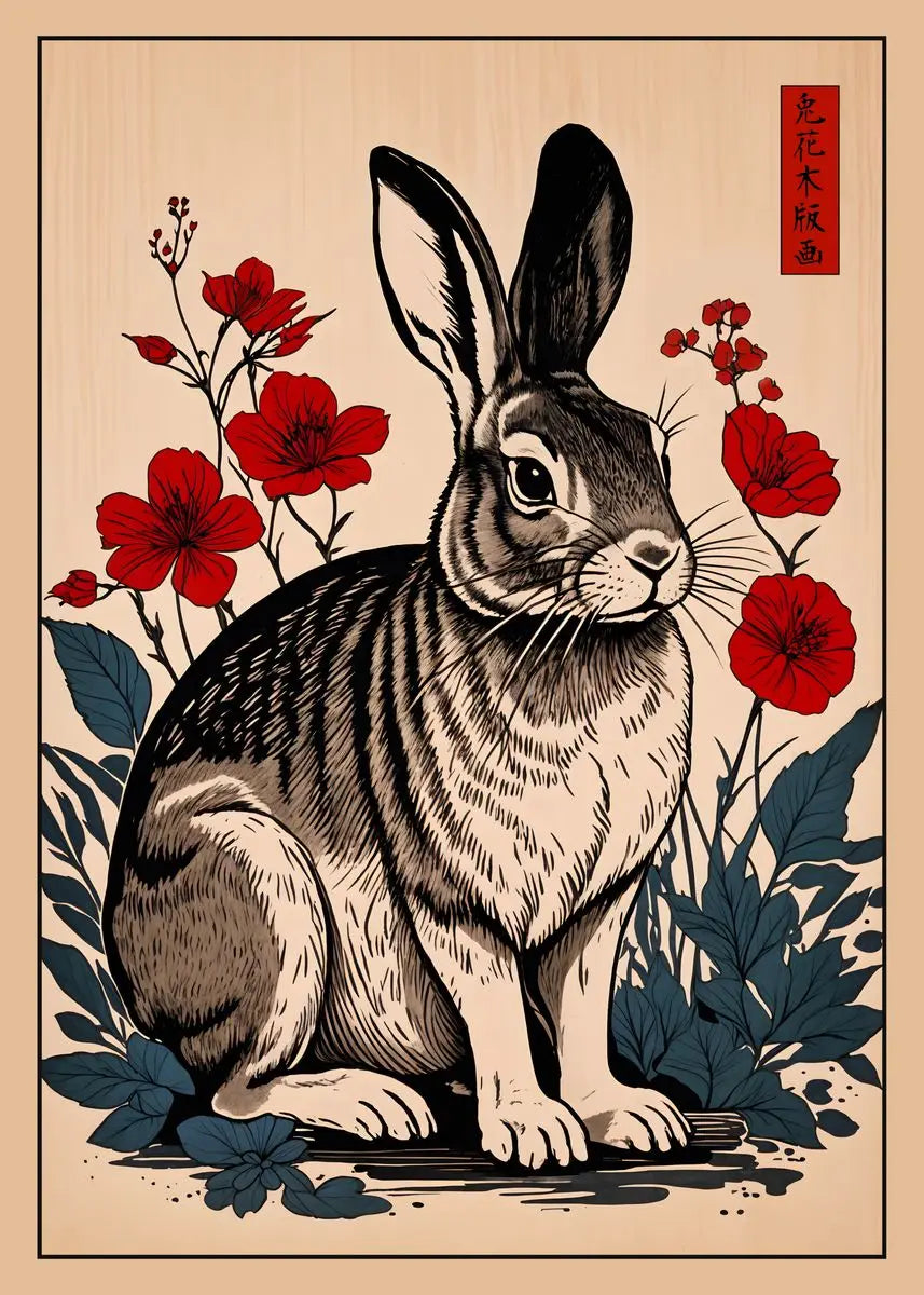 Rabbit illustration with red flowers on a beige background