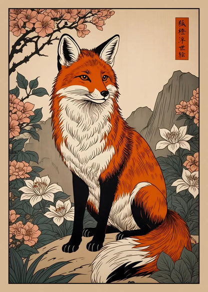 Illustration of a fox with cherry blossoms and mountains in the background