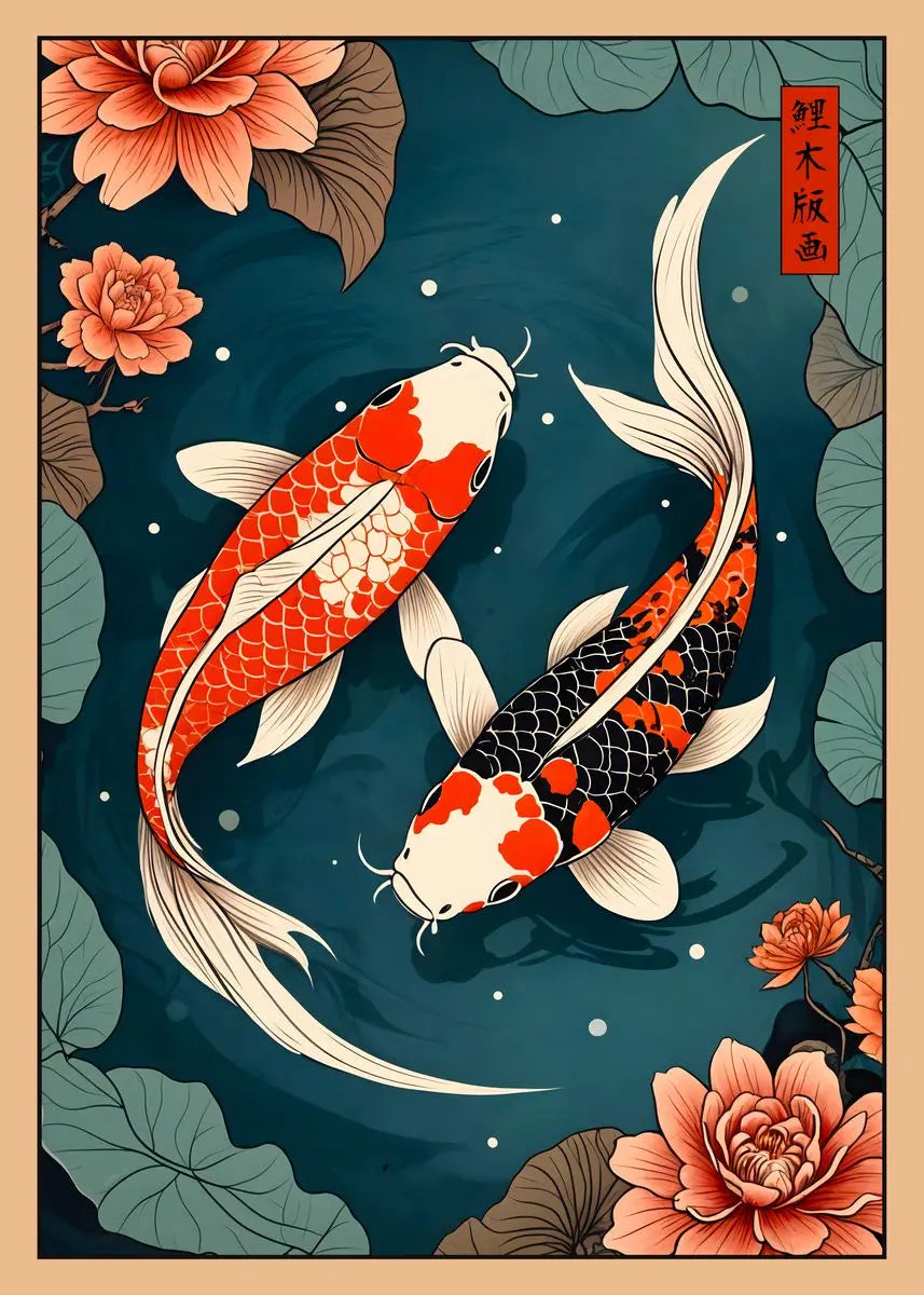 Two koi fish swimming in water with flowers and leaves on a blue background