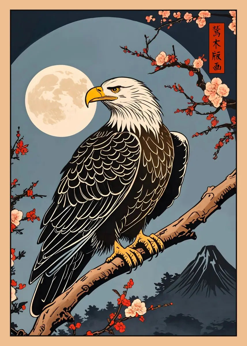 Eagle perched on a branch with cherry blossoms and a full moon in the background