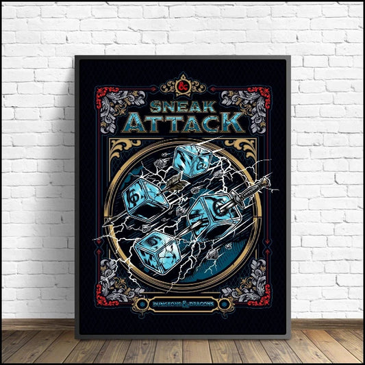Framed poster with 'Sneak Attack' design on a white brick wall. Canvas & Curio