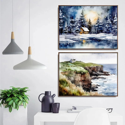 Two framed landscape paintings on a wall with modern decor elements. Canvas & Curio