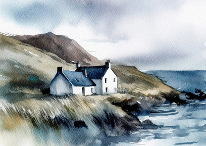 Watercolor painting of a coastal scene with a house on a hillside.