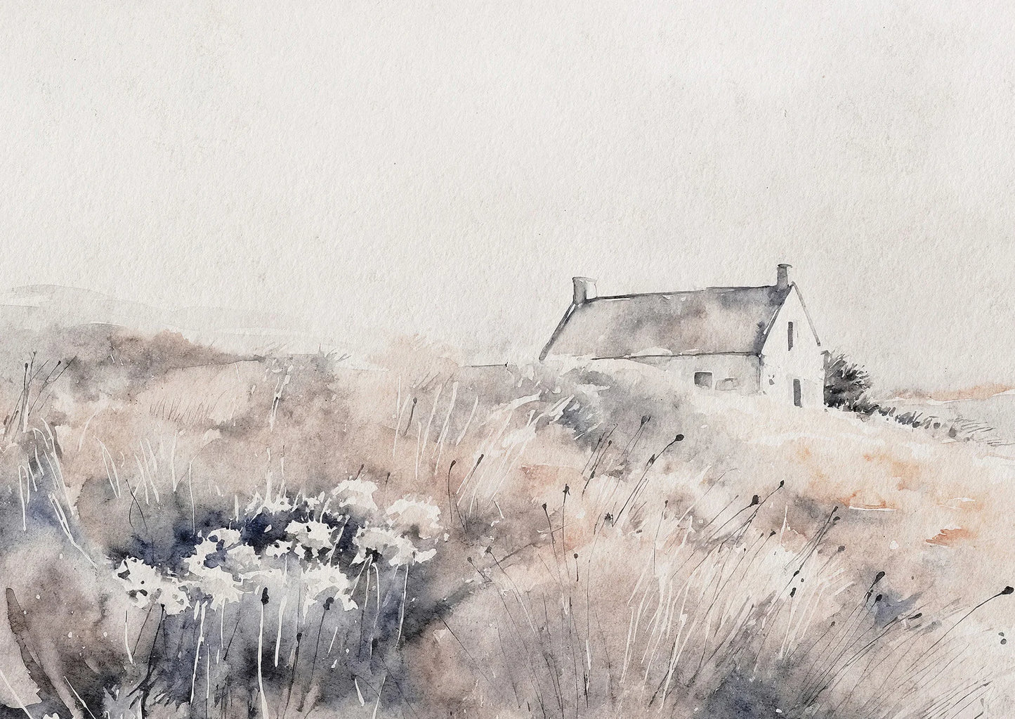 Watercolor painting of a house with flowers and a misty background