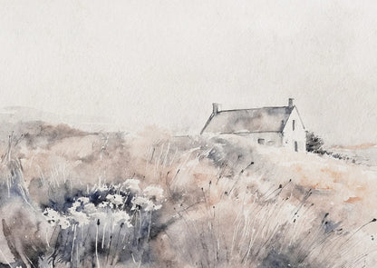 Watercolor painting of a house with flowers and a misty background