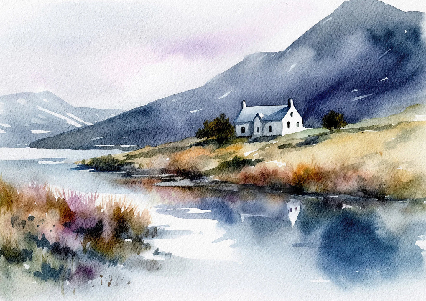 Watercolor painting of a house by a lake with mountains in the background
