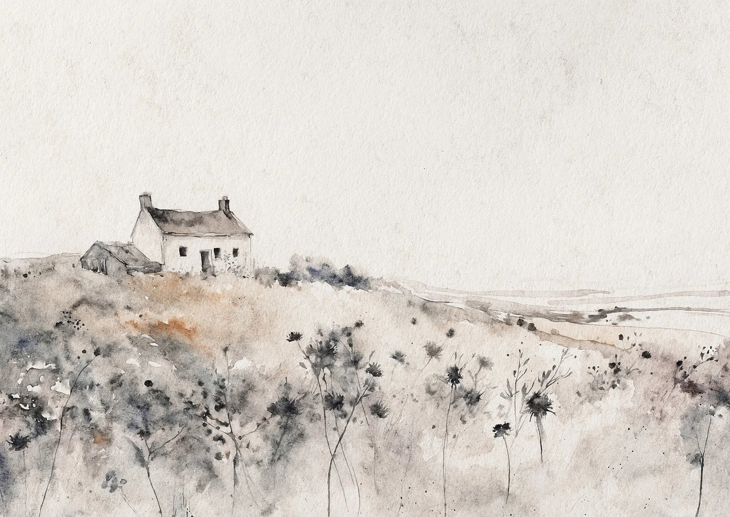 Minimalist landscape painting of a house on a hill with a white background