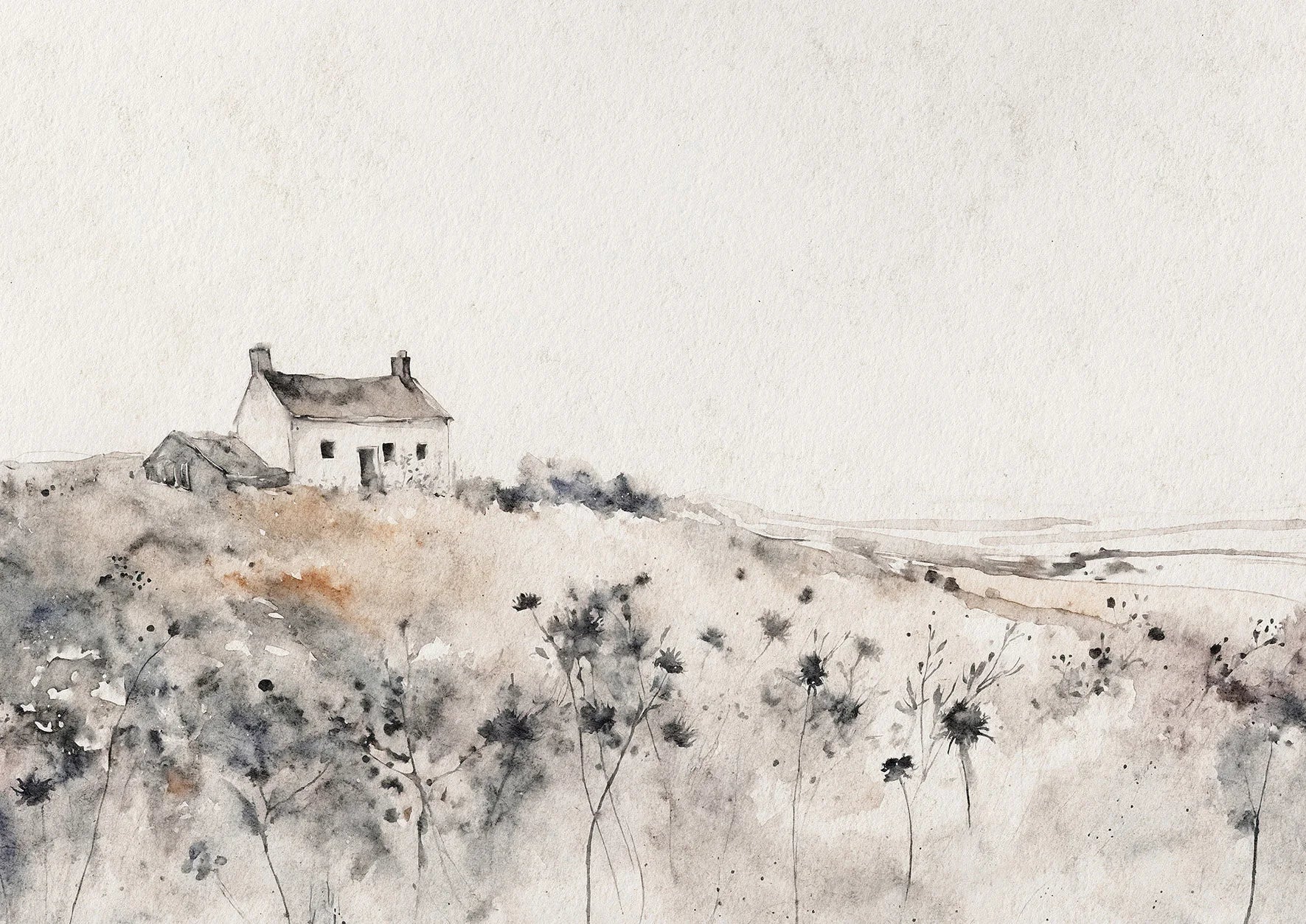 Minimalist landscape painting of a house on a hill with a white background