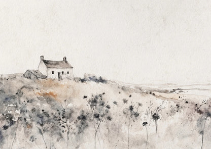 Minimalist landscape painting of a house on a hill with a white background